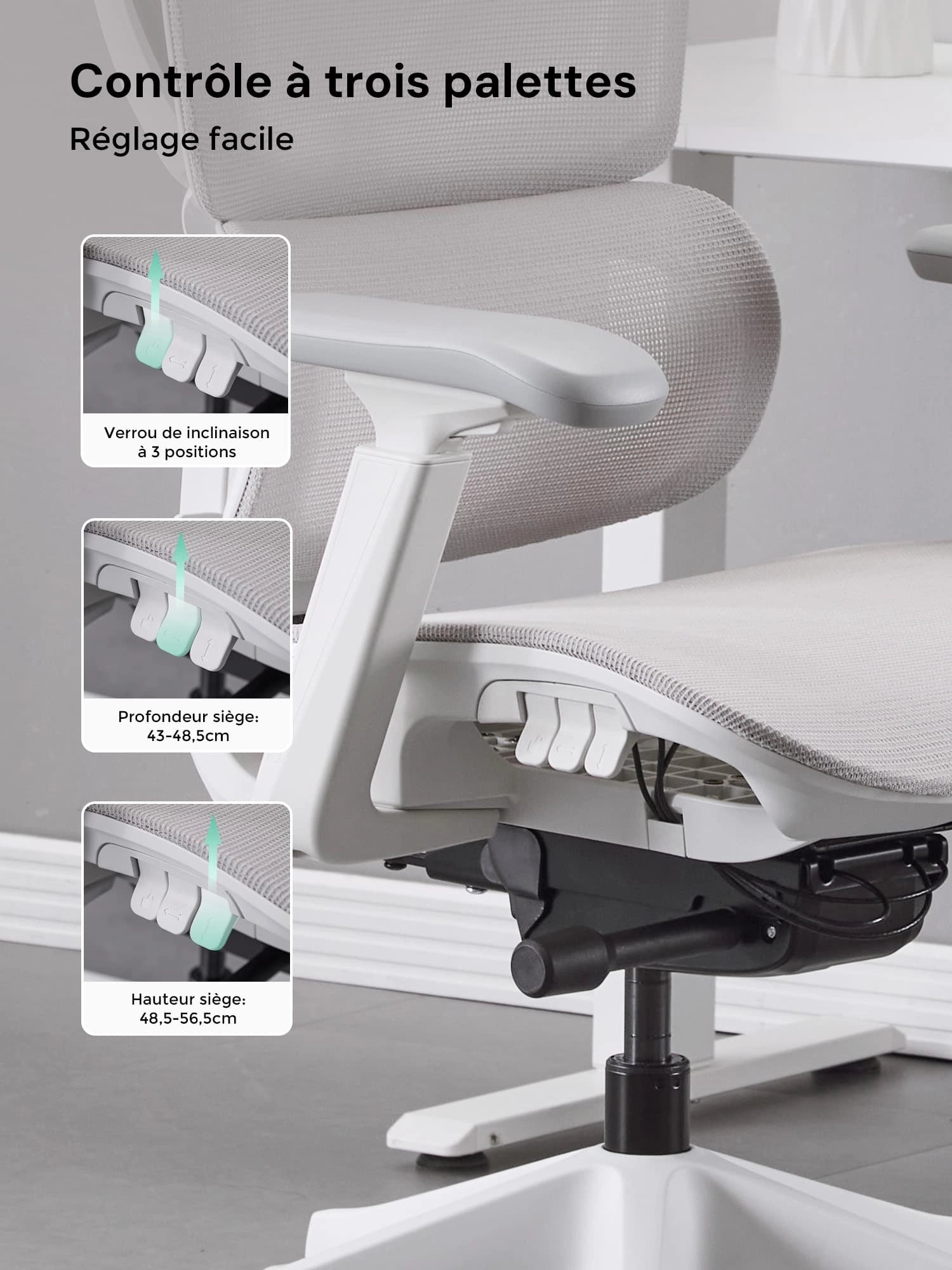 S7 Chaise de bureau ergonomique avec réglage à trois boutons