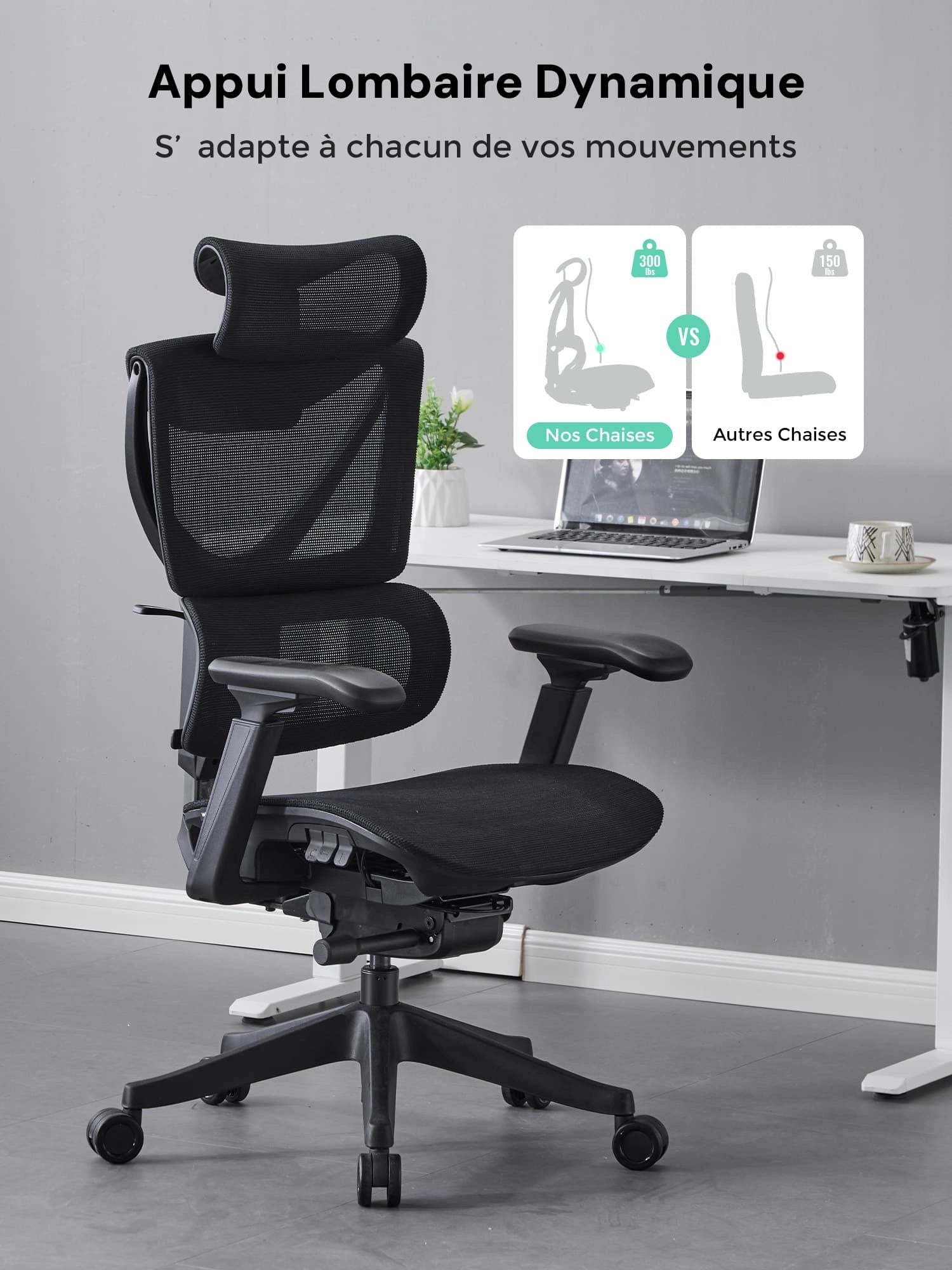 S7 Chaise de bureau ergonomique avec réglage à trois boutons