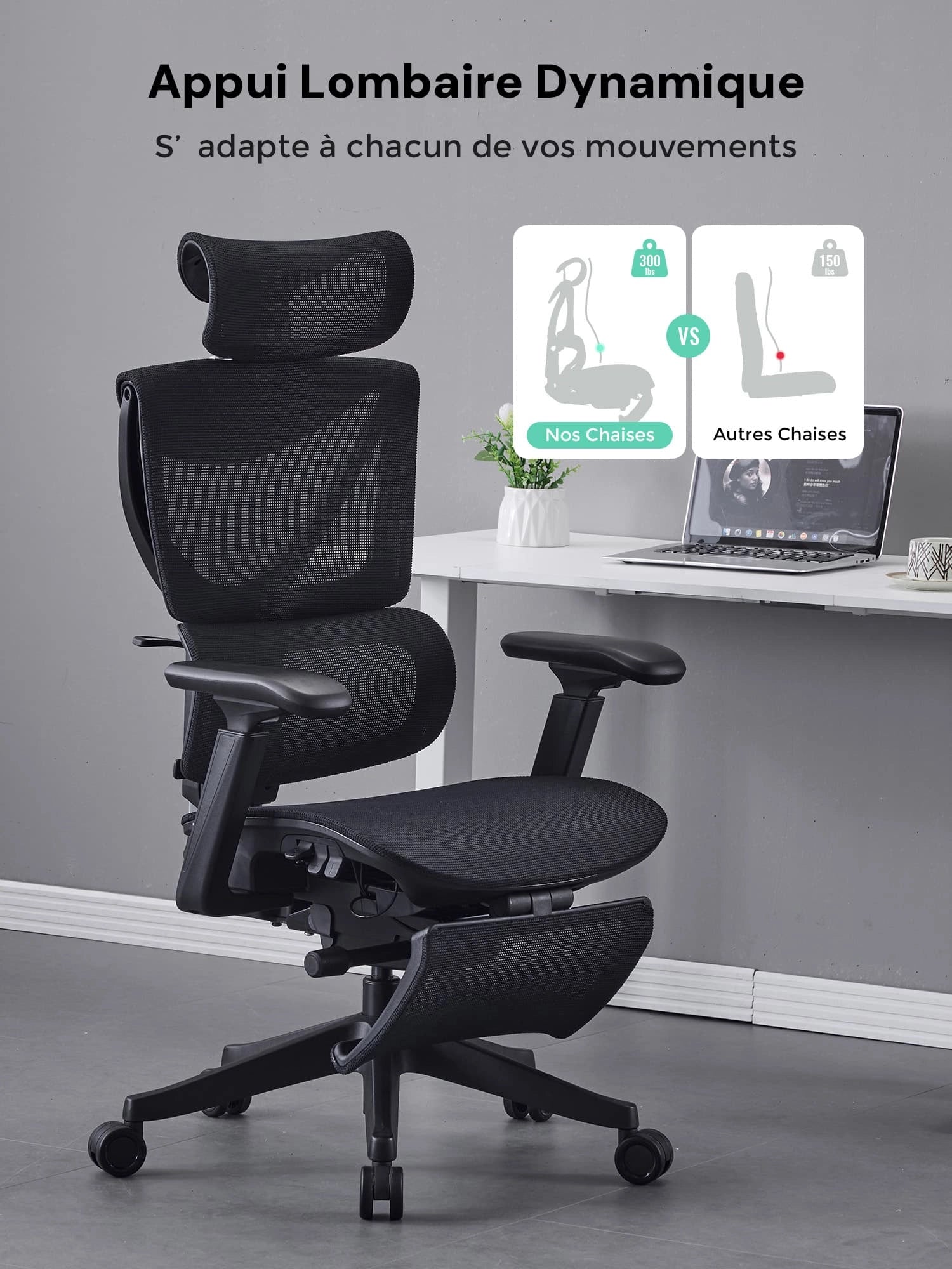 S7 Chaise de bureau ergonomique avec réglage à trois boutons