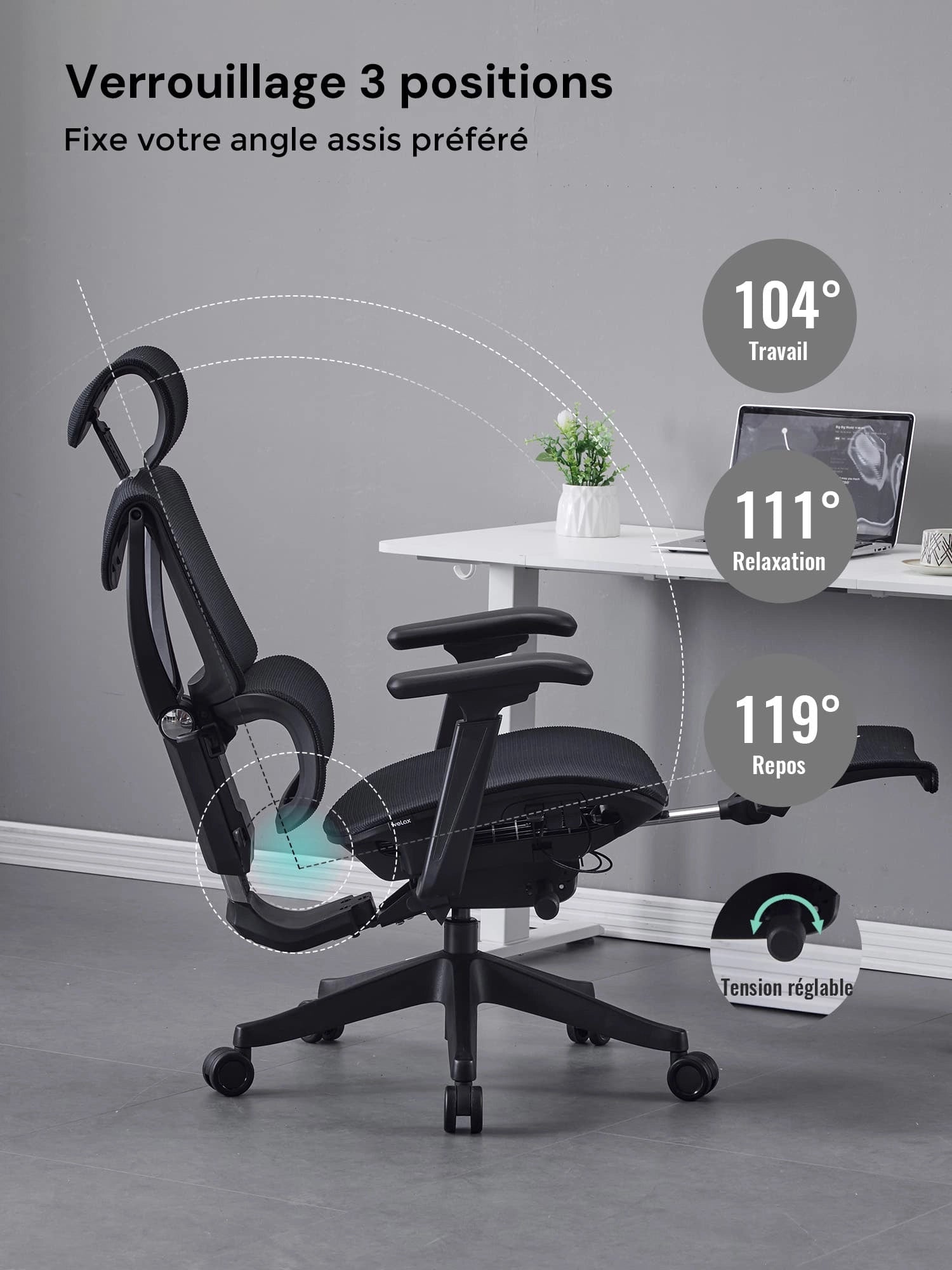 S7 Chaise de bureau ergonomique avec réglage à trois boutons