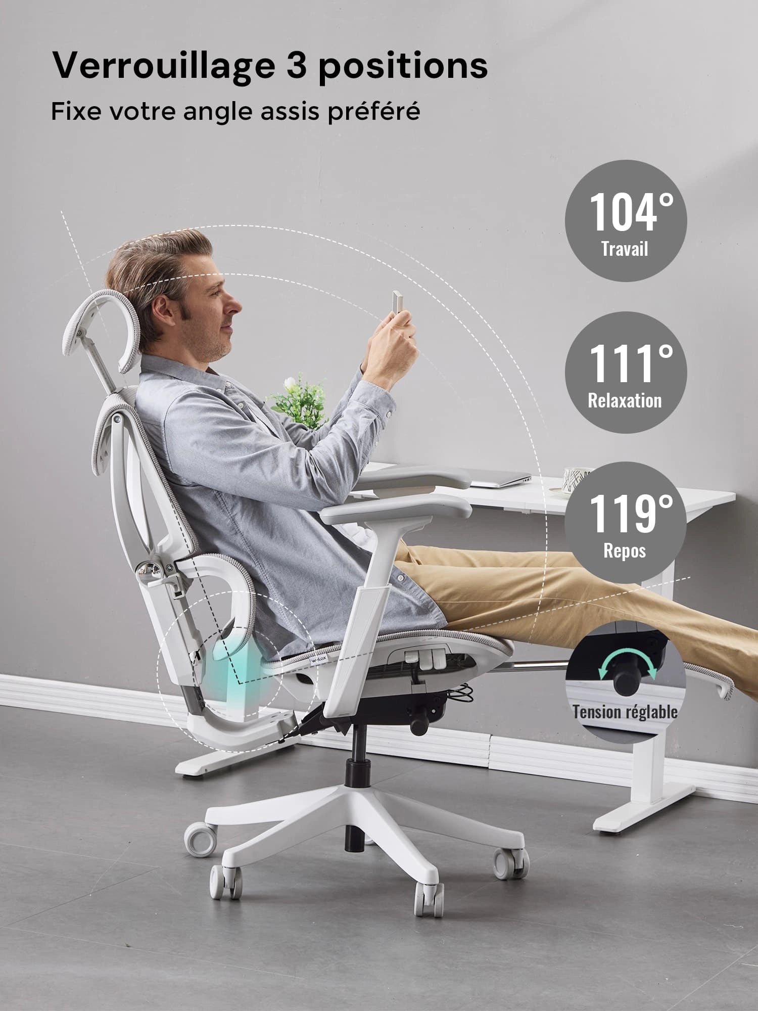 S7 Chaise de bureau ergonomique avec réglage à trois boutons