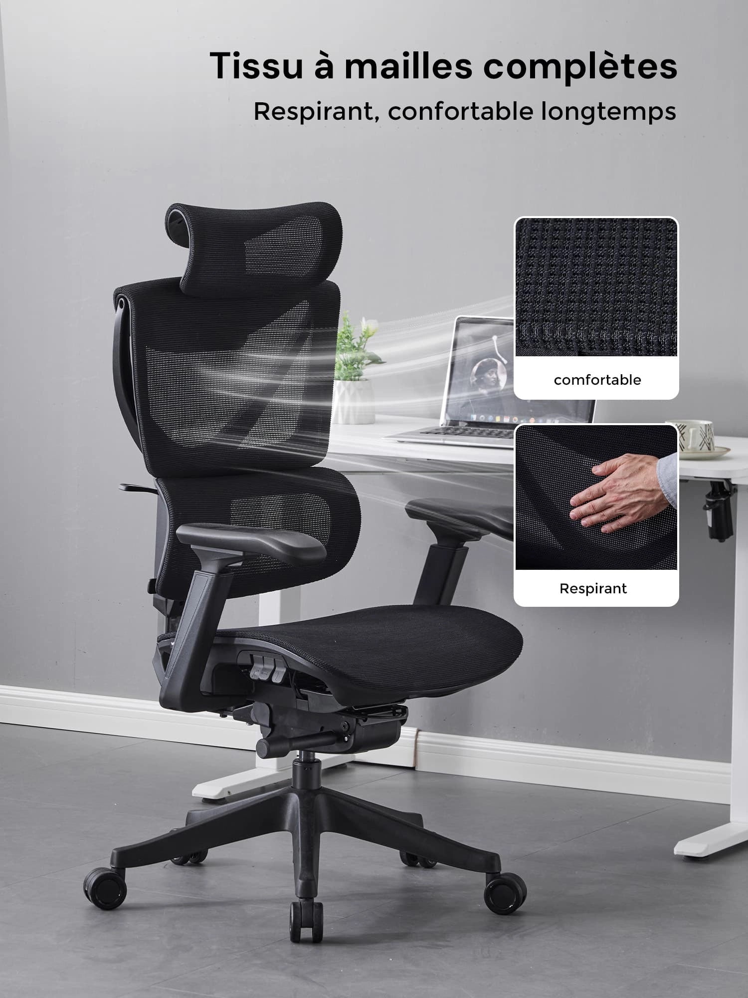 S7 Chaise de bureau ergonomique avec réglage à trois boutons